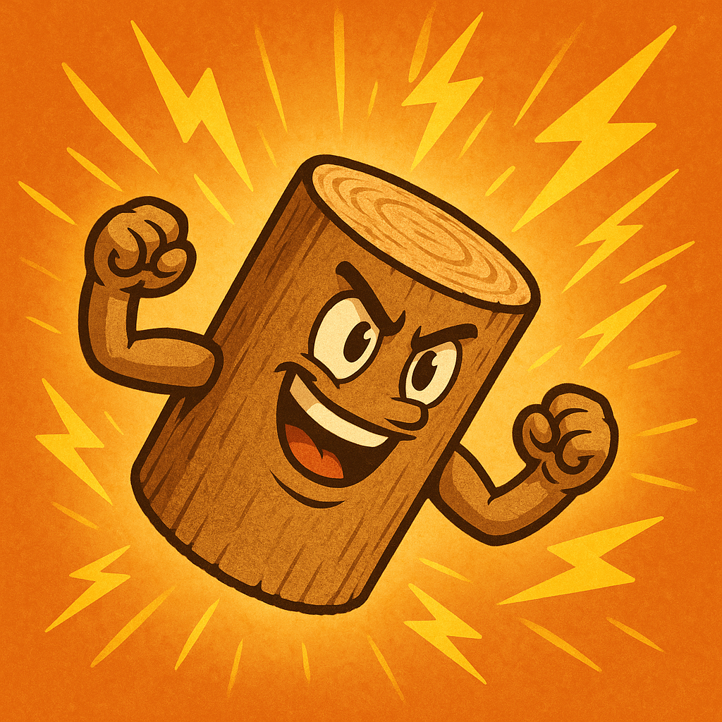 Bûche compressée PratiBûche pleine d’énergie, mascotte en bois avec éclairs symbolisant la puissance calorifique des bûches compressées 100 % naturelles