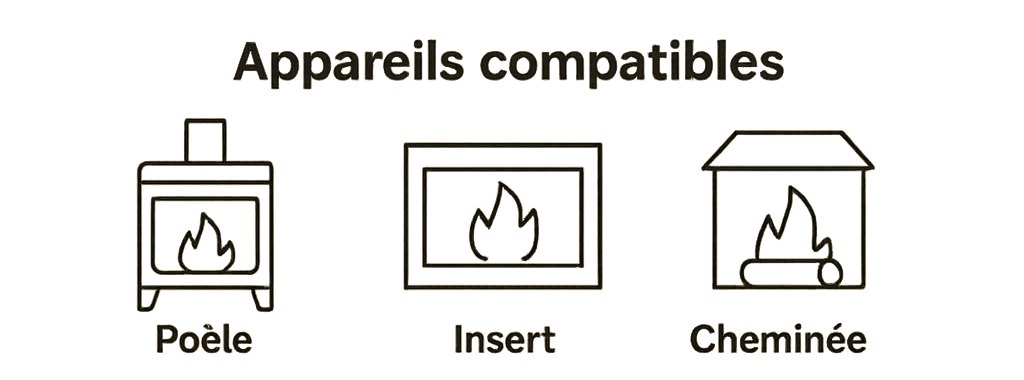 Bûches compressées Prati’Bûches stockées au sec, prêtes à l’emploi dans un poêle à bois moderne pour une combustion performante et maîtrisée.