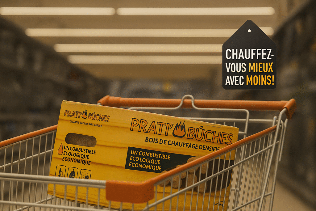 Bûches compressées Prati’Bûches en vente au rayon chauffage d’un magasin de bricolage en Bretagne