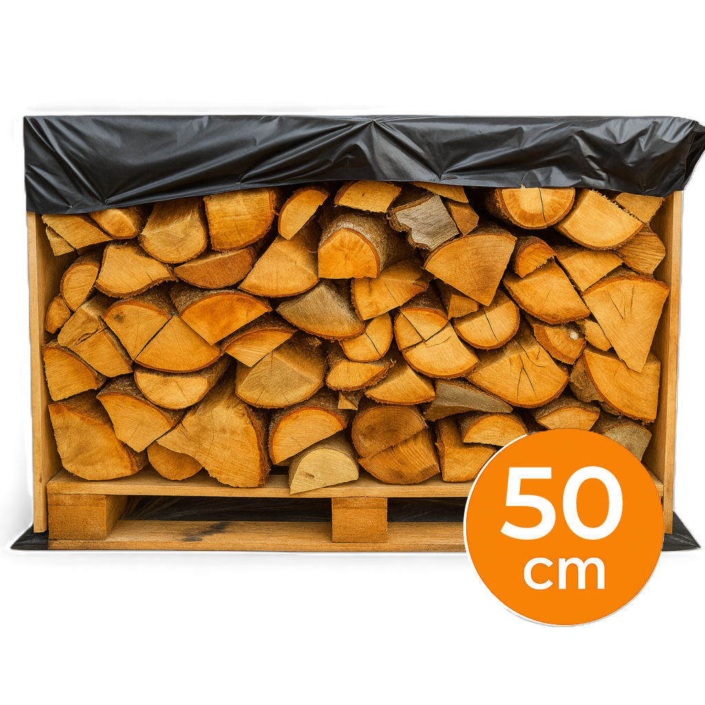 Caisse de bûches de bois 50 cm Prati’Bûches – bois traditionnel sec prêt à l’emploi.